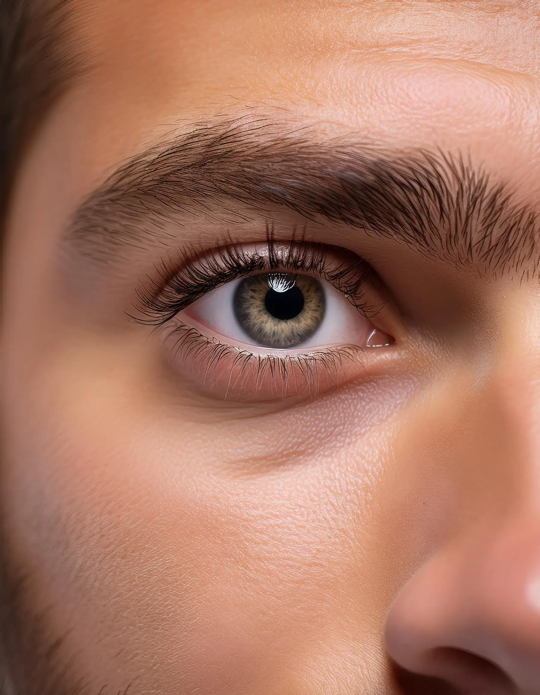 Close-up of a persons right eye, showcasing detailed features like eyelashes, eyebrow, and skin texture under the iBEAUTY CODE. The eye is wide open with a light-colored iris and clear pupil. Ideal for male eyelash extensions, the scene brings out vibrant details in a subtle Toronto setting.